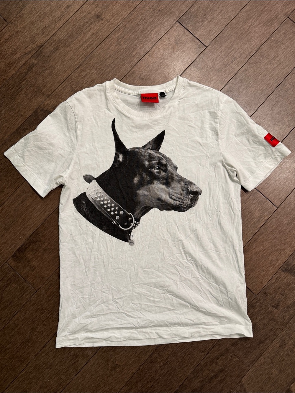 Hugo Boss White Tee with Black Doberman Graphic and Red Tag